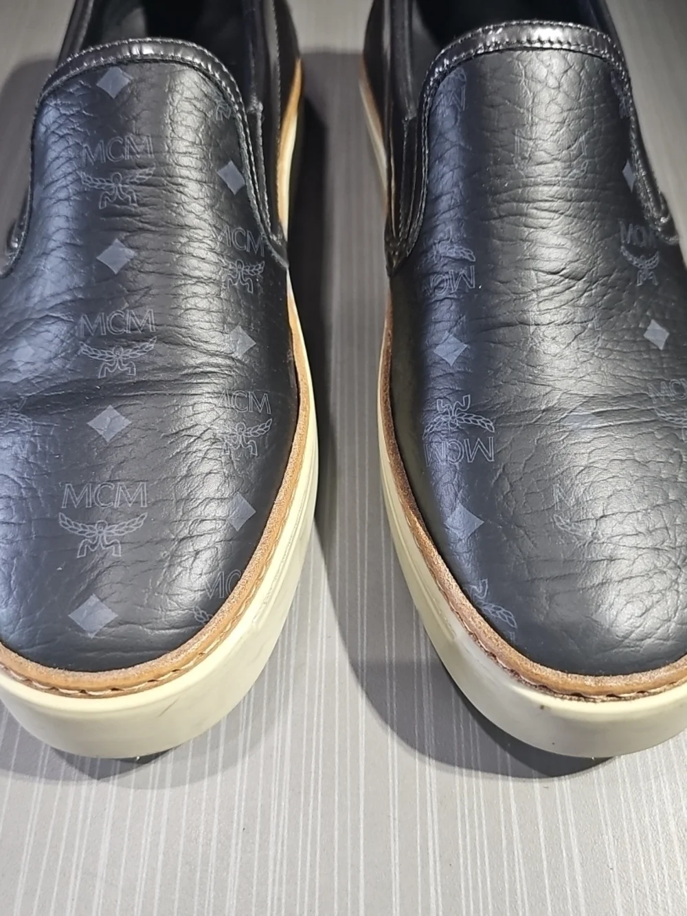 MCM Black Monogram Visetos Leather Slip On Shoes Men's Size 38 EU/ 6 US PreOwned